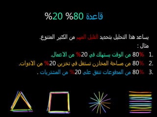 ‫قاعدة‬80%20%
‫بتتحديد‬ ‫التتحليل‬ ‫دهذا‬ ‫يساعد‬‫المهم‬ ‫القليل‬.‫المتنوع‬ ‫الكثير‬ ‫من‬
: ‫مثال‬
1.80%‫في‬ ‫يستهلك‬ ‫الوقت‬ ‫من‬20%‫العمال‬ ‫من‬.
2.80%‫تخزين‬ ‫في‬ ‫تستغل‬ ‫المخازن‬ ‫مساتحة‬ ‫من‬20%‫الدوات‬ ‫من‬.
3.80%‫على‬ ‫تنفق‬ ‫المدفوعات‬ ‫من‬20%‫المشتريات‬ ‫من‬.
 