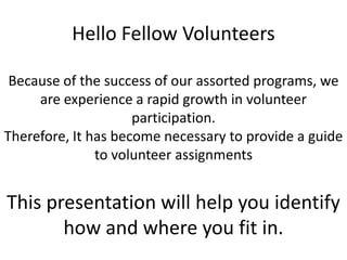 Hello Fellow Volunteers

 Because of the success of our assorted programs, we
     are experience a rapid growth in volunteer
                     participation.
Therefore, It has become necessary to provide a guide
               to volunteer assignments


This presentation will help you identify
       how and where you fit in.
 