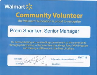 Walmart's Volunteering Always Pays Program Certificate