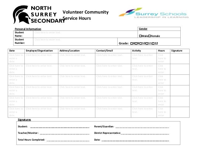volunteer community hours log sheet hours sheet