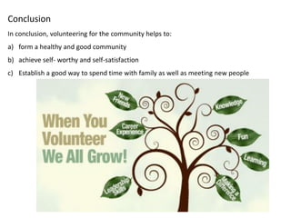 Conclusion
In conclusion, volunteering for the community helps to:
a) form a healthy and good community
b) achieve self- worthy and self-satisfaction
c) Establish a good way to spend time with family as well as meeting new people
 