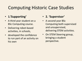 Computing Historic Case Studies
• 1.‘Supporting’
• A third year student on a
BSc Computing course.
• Delivering robot-base...