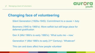 Changing face of volunteering
Silent Generation (1920s-1945): Commitment to a cause = duty
Boomers (1945 to 1960’s): More selfish but still large place for
deferred gratification
Gen X (Mid 1960’s to early 1980’s): ‘What suits me – now.’
Generation Y (Mid 1980’s to early 21st Century): ‘Whatever!’
This can and does affect how people volunteer
3f Managing a team of volunteers
 