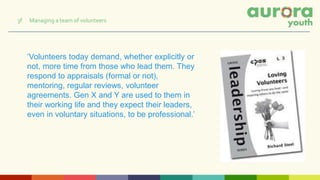 ‘Volunteers today demand, whether explicitly or
not, more time from those who lead them. They
respond to appraisals (formal or not),
mentoring, regular reviews, volunteer
agreements. Gen X and Y are used to them in
their working life and they expect their leaders,
even in voluntary situations, to be professional.’
3f Managing a team of volunteers
 