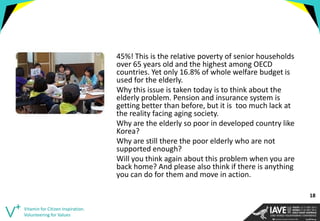 45%! This is the relative poverty of senior households over 65 years old and the highest among OECD countries. Yet only 16.8% of whole welfare budget is used for the elderly. 
Why this issue is taken today is to think about the elderly problem. Pension and insurance system is getting better than before, but it is too much lack at the reality facing aging society. 
Why are the elderly so poor in developed country like Korea? 
Why are still there the poor elderly who are not supported enough? 
Will you think again about this problem when you are back home? And please also think if there is anything you can do for them and move in action. 
Vitamin for Citizen Inspiration. Volunteering for Values 
18  