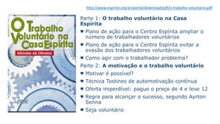 http://www.espirito.org.br/portal/download/pdf/o-trabalho-voluntario.pdf
Parte 1: O trabalho voluntário na Casa
Espírita
♥ Plano de ação para o Centro Espírita ampliar o
número de trabalhadores voluntários
♥ Plano de ação para o Centro Espírita evitar a
evasão dos trabalhadores voluntários
♥ Como agir com o trabalhador problema?
Parte 2: A motivação e o trabalho voluntário
♥ Motivar é possível?
♥ Técnica Tostines de automotivação contínua
♥ Oferta imperdível: pague o preço de 4 e leve 12
♥ Regra para alcançar o sucesso, segundo Ayrton
Senna
♥ Seja voluntário
 