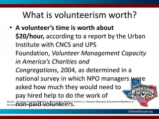What is volunteerism worth?A volunteer’s time is worth about $20/hour, according to a report by the Urban Institute with CNCS and UPS Foundation, Volunteer Management Capacity in America’s Charities and Congregations, 2004, as determined in a national survey in which NPO managers were asked how much they would need to pay hired help to do the work of non-paid volunteers.  Source:  The New Volunteer Workforce, David Eisner, Robert T. Grimm, Jr., Shannon Maynard, & Susannah Washburn in the Stanford Social Innovation Review, Winter 2009