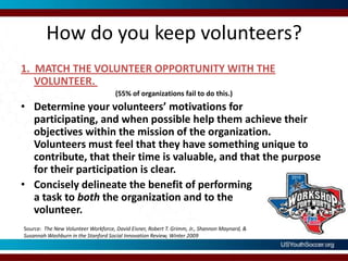 How do you keep volunteers?1.  MATCH THE VOLUNTEER OPPORTUNITY WITH THE VOLUNTEER. (55% of organizations fail to do this.)Determine your volunteers’ motivations for participating, and when possible help them achieve their objectives within the mission of the organization.  Volunteers must feel that they have something unique to contribute, that their time is valuable, and that the purpose for their participation is clear.  Concisely delineate the benefit of performing a task to both the organization and to the volunteer.Source:  The New Volunteer Workforce, David Eisner, Robert T. Grimm, Jr., Shannon Maynard, & Susannah Washburn in the Stanford Social Innovation Review, Winter 2009