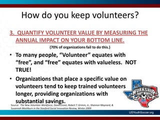 How do you keep volunteers?3.  QUANTIFY VOLUNTEER VALUE BY MEASURING THE ANNUAL IMPACT ON YOUR BOTTOM LINE.(70% of organizations fail to do this.)To many people, “Volunteer” equates with “free”, and “free” equates with valueless.  NOT TRUE!Organizations that place a specific value on volunteers tend to keep trained volunteerslonger, providing organizations with substantial savings. Source:  The New Volunteer Workforce, David Eisner, Robert T. Grimm, Jr., Shannon Maynard, & Susannah Washburn in the Stanford Social Innovation Review, Winter 2009