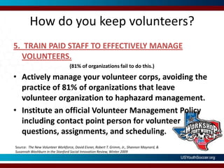 How do you keep volunteers?5.  TRAIN PAID STAFF TO EFFECTIVELY MANAGE VOLUNTEERS.(81% of organizations fail to do this.)Actively manage your volunteer corps, avoiding the practice of 81% of organizations that leave volunteer organization to haphazard management.Institute an official Volunteer Management Policy including contact point person for volunteer questions, assignments, and scheduling.Source:  The New Volunteer Workforce, David Eisner, Robert T. Grimm, Jr., Shannon Maynard, & Susannah Washburn in the Stanford Social Innovation Review, Winter 2009