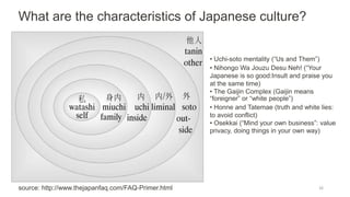 What are the characteristics of Japanese culture?
• Uchi-soto mentality (“Us and Them”)
• Nihongo Wa Jouzu Desu Neh! (“Your
Japanese is so good:Insult and praise you
at the same time)
• The Gaijin Complex (Gaijin means
“foreigner” or “white people”)
• Honne and Tatemae (truth and white lies:
to avoid conflict)
• Osekkai (“Mind your own business”: value
privacy, doing things in your own way)
source: http://www.thejapanfaq.com/FAQ-Primer.html 26
 