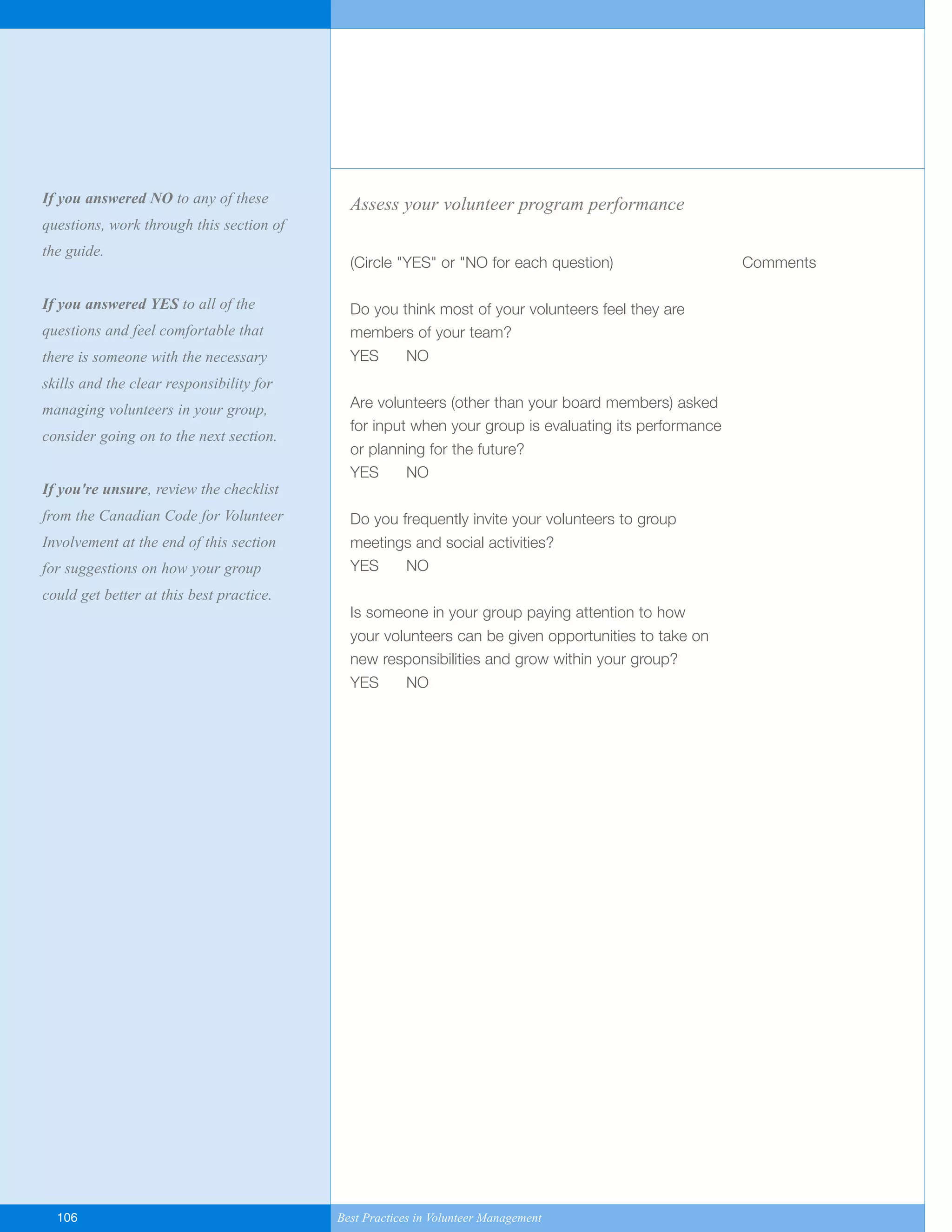 Assess your volunteer program performance
(Circle "YES" or "NO for each question) Comments
Do you think most of your volunteers feel they are
members of your team?
YES NO
Are volunteers (other than your board members) asked
for input when your group is evaluating its performance
or planning for the future?
YES NO
Do you frequently invite your volunteers to group
meetings and social activities?
YES NO
Is someone in your group paying attention to how
your volunteers can be given opportunities to take on
new responsibilities and grow within your group?
YES NO
106 Best Practices in Volunteer Management
If you answered NO to any of these
questions, work through this section of
the guide.
If you answered YES to all of the
questions and feel comfortable that
there is someone with the necessary
skills and the clear responsibility for
managing volunteers in your group,
consider going on to the next section.
If you're unsure, review the checklist
from the Canadian Code for Volunteer
Involvement at the end of this section
for suggestions on how your group
could get better at this best practice.
Yukon-Best_Practices.qxp 2/28/07 2:17 PM Page 106
 