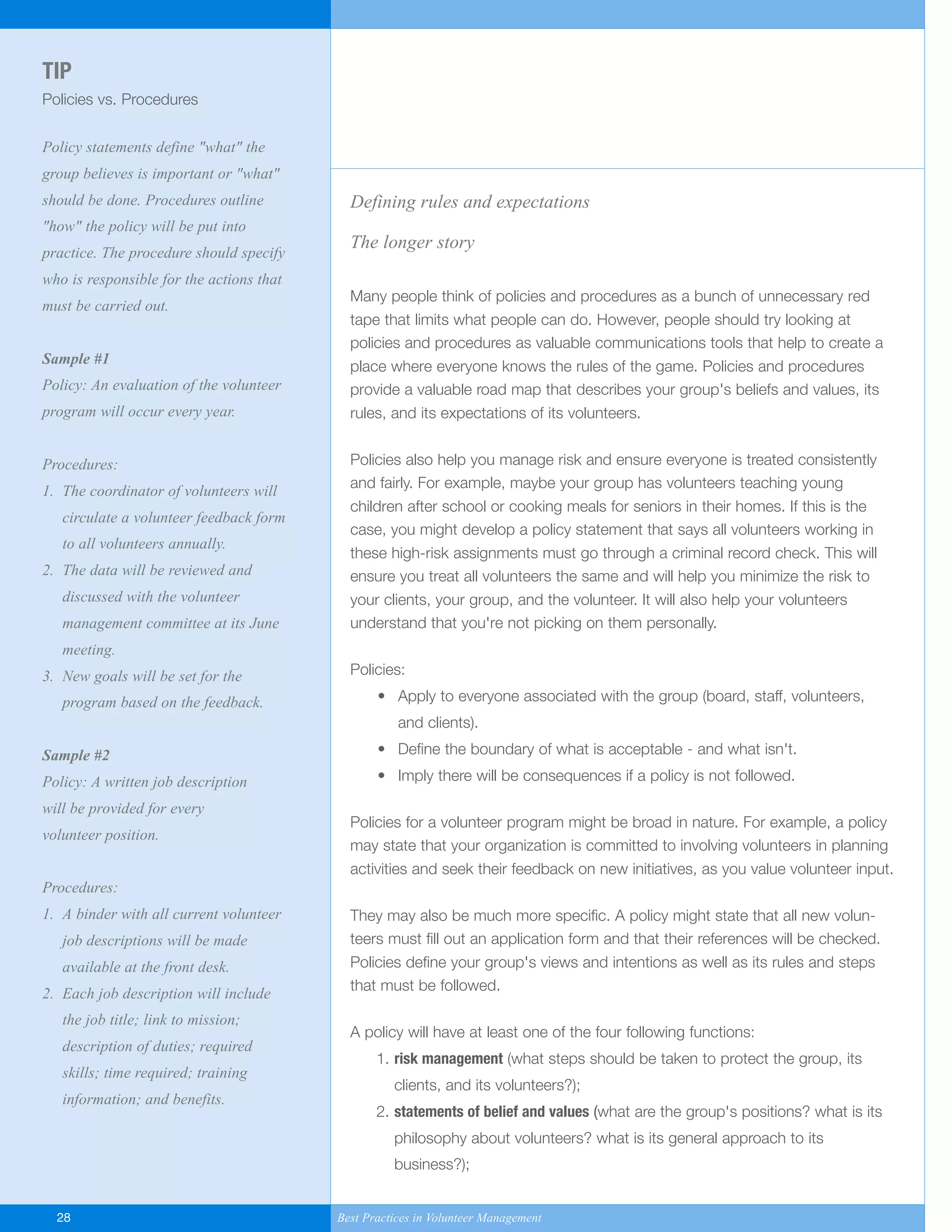 Defining rules and expectations
The longer story
Many people think of policies and procedures as a bunch of unnecessary red
tape that limits what people can do. However, people should try looking at
policies and procedures as valuable communications tools that help to create a
place where everyone knows the rules of the game. Policies and procedures
provide a valuable road map that describes your group's beliefs and values, its
rules, and its expectations of its volunteers.
Policies also help you manage risk and ensure everyone is treated consistently
and fairly. For example, maybe your group has volunteers teaching young
children after school or cooking meals for seniors in their homes. If this is the
case, you might develop a policy statement that says all volunteers working in
these high-risk assignments must go through a criminal record check. This will
ensure you treat all volunteers the same and will help you minimize the risk to
your clients, your group, and the volunteer. It will also help your volunteers
understand that you're not picking on them personally.
Policies:
• Apply to everyone associated with the group (board, staff, volunteers,
and clients).
• Define the boundary of what is acceptable - and what isn't.
• Imply there will be consequences if a policy is not followed.
Policies for a volunteer program might be broad in nature. For example, a policy
may state that your organization is committed to involving volunteers in planning
activities and seek their feedback on new initiatives, as you value volunteer input.
They may also be much more specific. A policy might state that all new volun-
teers must fill out an application form and that their references will be checked.
Policies define your group's views and intentions as well as its rules and steps
that must be followed.
A policy will have at least one of the four following functions:
1. risk management (what steps should be taken to protect the group, its
clients, and its volunteers?);
2. statements of belief and values (what are the group's positions? what is its
philosophy about volunteers? what is its general approach to its
business?);
TIP
Policies vs. Procedures
Policy statements define "what" the
group believes is important or "what"
should be done. Procedures outline
"how" the policy will be put into
practice. The procedure should specify
who is responsible for the actions that
must be carried out.
Sample #1
Policy: An evaluation of the volunteer
program will occur every year.
Procedures:
1. The coordinator of volunteers will
circulate a volunteer feedback form
to all volunteers annually.
2. The data will be reviewed and
discussed with the volunteer
management committee at its June
meeting.
3. New goals will be set for the
program based on the feedback.
Sample #2
Policy: A written job description
will be provided for every
volunteer position.
Procedures:
1. A binder with all current volunteer
job descriptions will be made
available at the front desk.
2. Each job description will include
the job title; link to mission;
description of duties; required
skills; time required; training
information; and benefits.
28 Best Practices in Volunteer Management
Yukon-Best_Practices.qxp 2/28/07 2:17 PM Page 28
 