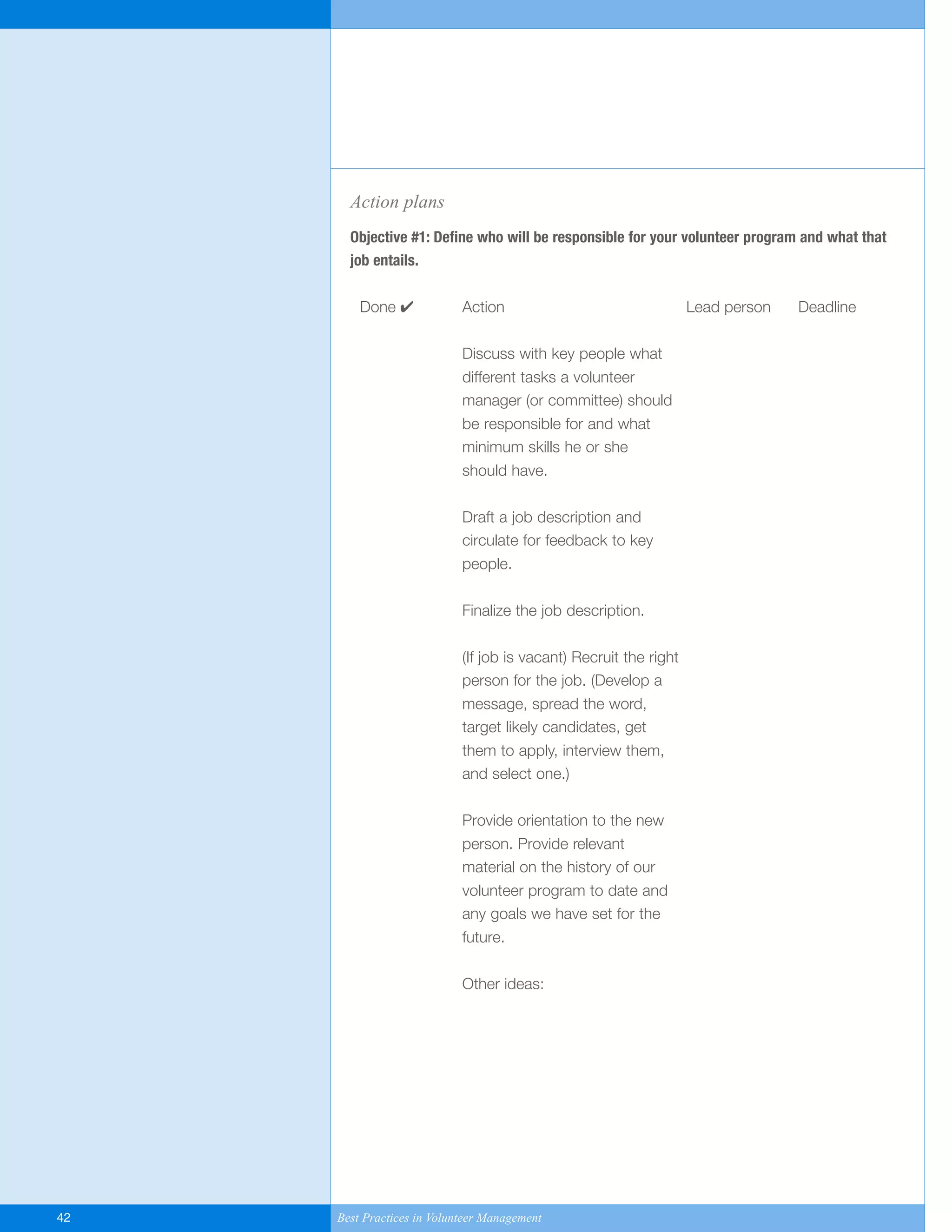 Action plans
Objective #1: Define who will be responsible for your volunteer program and what that
job entails.
Done ✔ Action Lead person Deadline
Discuss with key people what
different tasks a volunteer
manager (or committee) should
be responsible for and what
minimum skills he or she
should have.
Draft a job description and
circulate for feedback to key
people.
Finalize the job description.
(If job is vacant) Recruit the right
person for the job. (Develop a
message, spread the word,
target likely candidates, get
them to apply, interview them,
and select one.)
Provide orientation to the new
person. Provide relevant
material on the history of our
volunteer program to date and
any goals we have set for the
future.
Other ideas:
42 Best Practices in Volunteer Management
Yukon-Best_Practices.qxp 2/28/07 2:17 PM Page 42
 