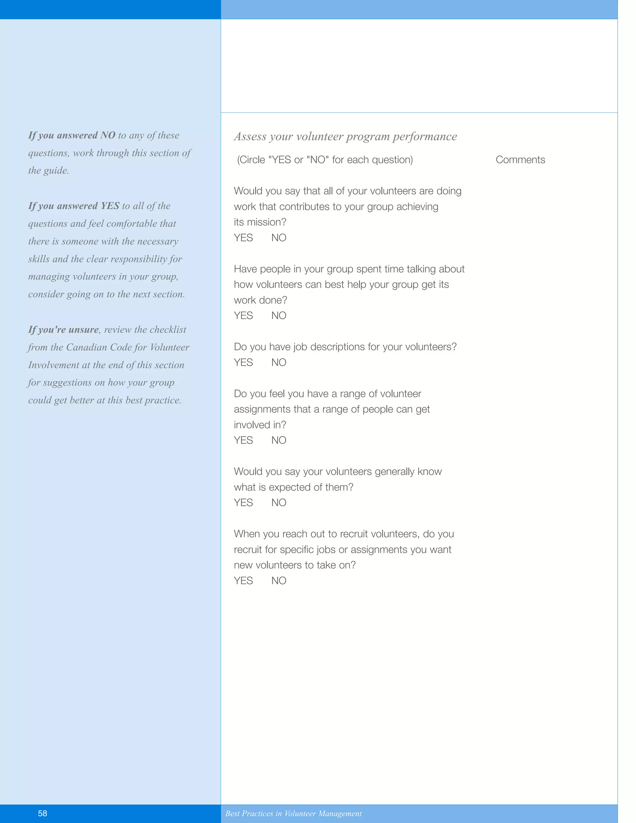 Assess your volunteer program performance
(Circle "YES or "NO" for each question) Comments
Would you say that all of your volunteers are doing
work that contributes to your group achieving
its mission?
YES NO
Have people in your group spent time talking about
how volunteers can best help your group get its
work done?
YES NO
Do you have job descriptions for your volunteers?
YES NO
Do you feel you have a range of volunteer
assignments that a range of people can get
involved in?
YES NO
Would you say your volunteers generally know
what is expected of them?
YES NO
When you reach out to recruit volunteers, do you
recruit for specific jobs or assignments you want
new volunteers to take on?
YES NO
58 Best Practices in Volunteer Management
If you answered NO to any of these
questions, work through this section of
the guide.
If you answered YES to all of the
questions and feel comfortable that
there is someone with the necessary
skills and the clear responsibility for
managing volunteers in your group,
consider going on to the next section.
If you're unsure, review the checklist
from the Canadian Code for Volunteer
Involvement at the end of this section
for suggestions on how your group
could get better at this best practice.
Yukon-Best_Practices.qxp 2/28/07 2:17 PM Page 58
 