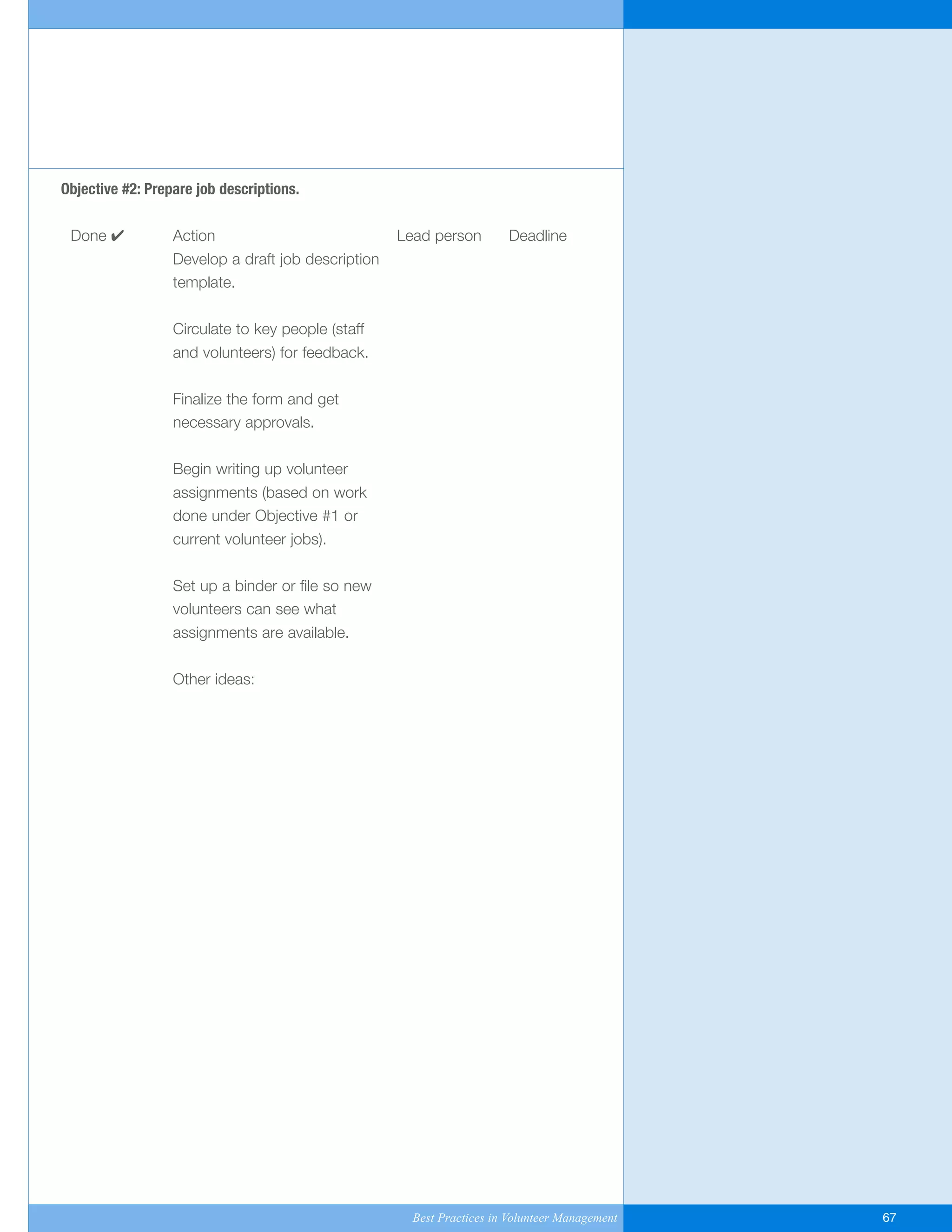 Objective #2: Prepare job descriptions.
Done ✔ Action Lead person Deadline
Develop a draft job description
template.
Circulate to key people (staff
and volunteers) for feedback.
Finalize the form and get
necessary approvals.
Begin writing up volunteer
assignments (based on work
done under Objective #1 or
current volunteer jobs).
Set up a binder or file so new
volunteers can see what
assignments are available.
Other ideas:
Best Practices in Volunteer Management 67
Yukon-Best_Practices.qxp 2/28/07 2:17 PM Page 67
 