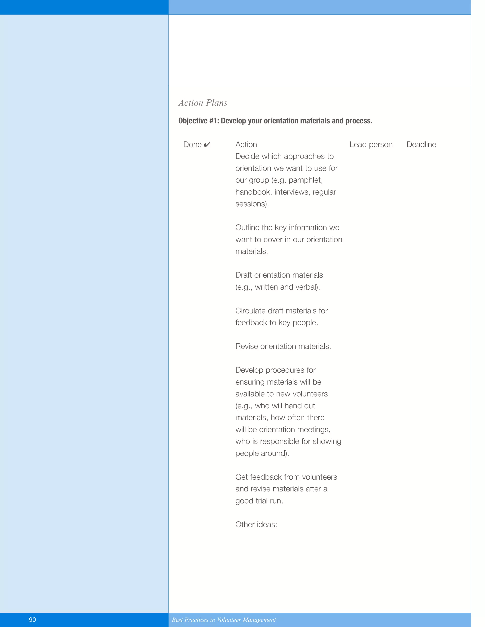 Action Plans
Objective #1: Develop your orientation materials and process.
Done ✔ Action Lead person Deadline
Decide which approaches to
orientation we want to use for
our group (e.g. pamphlet,
handbook, interviews, regular
sessions).
Outline the key information we
want to cover in our orientation
materials.
Draft orientation materials
(e.g., written and verbal).
Circulate draft materials for
feedback to key people.
Revise orientation materials.
Develop procedures for
ensuring materials will be
available to new volunteers
(e.g., who will hand out
materials, how often there
will be orientation meetings,
who is responsible for showing
people around).
Get feedback from volunteers
and revise materials after a
good trial run.
Other ideas:
90 Best Practices in Volunteer Management
Yukon-Best_Practices.qxp 2/28/07 2:17 PM Page 90
 