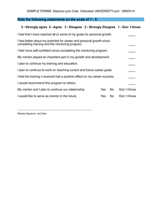SAMPLE FORMS Deanna Lynn Cole iVolunteer UNIVERSITY.com 18NOV14 
! 
Rate the following statements on the scale of 1 - 5. ! 
5 - Strongly agree 4 - Agree 3 - Disagree 2 - Strongly Disagree 1 - Don’t Know !I 
feel that I have reached all or some of my goals for personal growth. ____ !I 
feel better about my potential for career and personal growth since 
completing training and the mentoring program. ____ !I 
feel more self-confident since completing the mentoring program. ____ ! 
My mentor played an important part in my growth and development. ____ !I 
plan to continue my training and education. ____ !I 
plan to continue to work on reaching current and future career goals. ____ !I 
feel the training I received had a positive effect on my career success. ____ !I 
would recommend this program to others. ____ ! 
My mentor and I plan to continue our relationship. Yes No Don’t Know !I 
would like to serve as mentor in the future. Yes No Don’t Know !!! 
_!_________________________________________________________ 
Mentee Signature and Date 
 