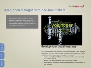Keep open dialogue with decision makers

             Keep a regular schedule for check-ins with your
             supervisor or organization leaders to keep them
             informed on your successes and challenges. It will
             help them better understand your role and what you
             need to achieve the best results.
previous




                                                                  develop your visual message
                                                                  Think outside the box when delivering your strategic message to your audience.
                                                                  Visualization tools often help a message better permeate the audience. Explore
next




                                                                  visualization tools to support your messaging. For example:
                                                                     • create a custom Google Map to represent communities across your state
                                                                       your program impacts
                                                                     • develop a pie chart to represent how volunteer time is spent
contact




                                                                     • design a bar or line graph to demonstrate the impact of your program in the
                                                                       past five years
 