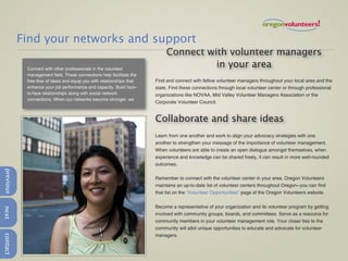 Find your networks and support
                                                                            Connect with volunteer managers
            Connect with other professionals in the volunteer
                                                                                      in your area
            management field. These connections help facilitate the
            free flow of ideas and equip you with relationships that   Find and connect with fellow volunteer managers throughout your local area and the
            enhance your job performance and capacity. Build face-     state. Find these connections through local volunteer center or through professional
            to-face relationships along with social network            organizations like NOVAA, Mid Valley Volunteer Managers Association or the
            connections. When our networks become stronger, we
                                                                       Corporate Volunteer Council.


                                                                       Collaborate and share ideas
                                                                       Learn from one another and work to align your advocacy strategies with one
                                                                       another to strengthen your message of the importance of volunteer management.
                                                                       When volunteers are able to create an open dialogue amongst themselves, when
                                                                       experience and knowledge can be shared freely, it can result in more well-rounded
                                                                       outcomes.
previous




                                                                       Remember to connect with the volunteer center in your area. Oregon Volunteers
                                                                       maintains an up-to-date list of volunteer centers throughout Oregon--you can find
                                                                       that list on the “Volunteer Opportunities” page of the Oregon Volunteers website.


                                                                       Become a representative of your organization and its volunteer program by getting
next




                                                                       involved with community groups, boards, and committees. Serve as a resource for
                                                                       community members in your volunteer management role. Your closer ties to the
                                                                       community will allot unique opportunities to educate and advocate for volunteer
                                                                       managers.
contact
 