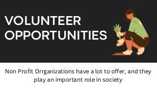 VOLUNTEER
OPPORTUNITIES
Non Profit Orrganizations have a lot to offer, and they
play an important role in society
 