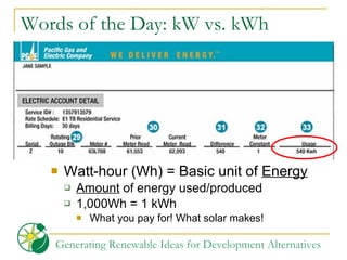 Words of the Day: kW vs. kWh Watt-hour (Wh) = Basic unit of  Energy Amount  of energy used/produced 1,000Wh = 1 kWh  What you pay for! What solar makes! 