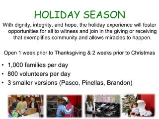 HOLIDAY SEASONWith dignity, integrity, and hope, the holiday experience will foster opportunities for all to witness and join in the giving or receiving that exemplifies community and allows miracles to happen. Open 1 week prior to Thanksgiving & 2 weeks prior to Christmas1,000 families per day800 volunteers per day3 smaller versions (Pasco, Pinellas, Brandon)
