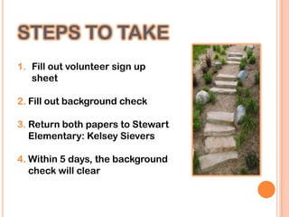 STEPS TO TAKE
1. Fill out volunteer sign up
   sheet

2. Fill out background check

3. Return both papers to Stewart
   Elementary: Kelsey Sievers

4. Within 5 days, the background
   check will clear
 