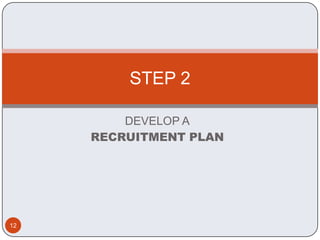 STEP 2

         DEVELOP A
     RECRUITMENT PLAN




12
 