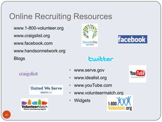 Online Recruiting Resources
      www.1-800-volunteer.org
      www.craigslist.org
      www.facebook.com
      www.handsonnetwork.org
      Blogs

                                • www.serve.gov
                                • www.idealist.org
                                • www.youTube.com
                                • www.volunteermatch.org
                                • Widgets


37
 