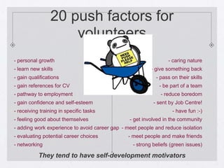 20 push factors for
                     volunteers
- personal growth                                                - caring nature
- learn new skills                                       - give something back
- gain qualifications                                      - pass on their skills
- gain references for CV                                     - be part of a team
- pathway to employment                                      - reduce boredom
- gain confidence and self-esteem                         - sent by Job Centre!
- receiving training in specific tasks                            - have fun :-)
- feeling good about themselves                 - get involved in the community
- adding work experience to avoid career gap - meet people and reduce isolation
- evaluating potential career choices          - meet people and make friends
- networking                                     - strong beliefs (green issues)

           They tend to have self-development motivators
 