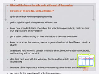 requirements
•   What will the learner be able to do at the end of the session

•   (in terms of knowledge, skills, attitudes)?

•   apply on-line for volunteering opportunities

•   go through the application process with success

•   know how important it is to check how the volunteering opportunity matches their
    own expectations and availability

•   get a better understanding on their motivators to become a volunteer

•   know more about the voluntary sector in general and about the different roles in a
    charity

•   understand how the West London Voluntary and Community Sector is structured,
    and how they will be part of it

•   plan their next step with the Volunteer Centre and be able to take action and start
    volunteering

•   be aware of the importance to honor volunteering commitment and be reliable

•   get ready for the interview with volunteer managers
 