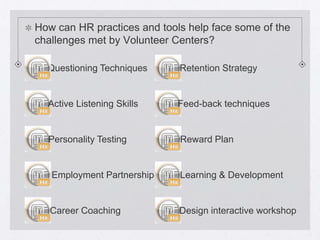 How can HR practices and tools help face some of the
challenges met by Volunteer Centers?

  Questioning Techniques     Retention Strategy


  Active Listening Skills    Feed-back techniques


  Personality Testing        Reward Plan


   Employment Partnership    Learning & Development


   Career Coaching           Design interactive workshop
 