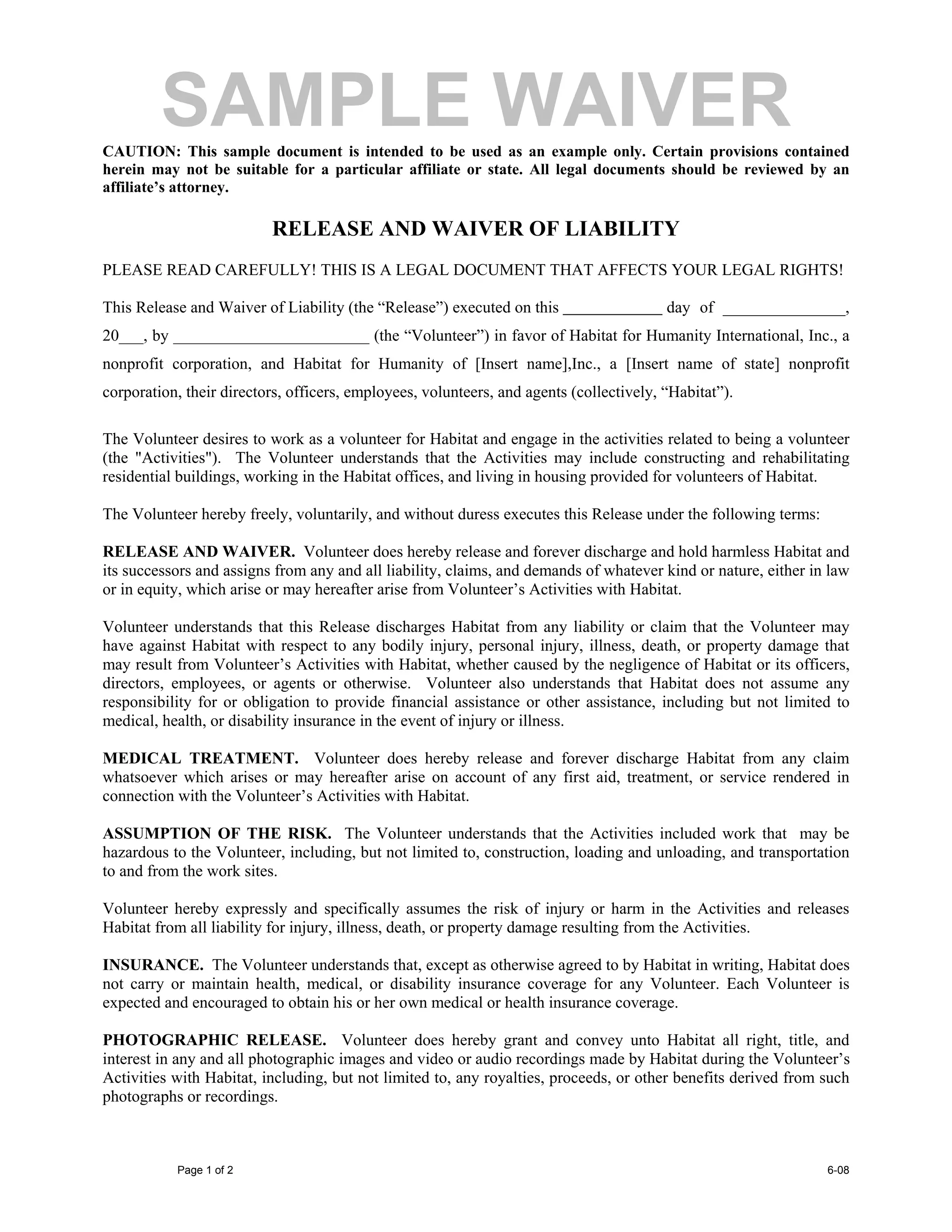 Volunteer release and waiver template PDF