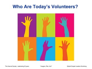 Who Are Today’s Volunteers?




The Internet Society - celebrating 20 years   “Imagine, Plan, Act!”   Global Chapter Leaders Workshop
 