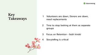 Key
Takeaways
1. Volunteers are down, Donors are down,
need replacements
2. Time to stop looking at them as separate
groups
3. Focus on Retention - both kinds!
4. Storytelling is critical
 