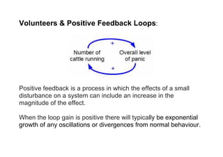 Volunteers & Positive Feedback Loops:




Positive feedback is a process in which the effects of a small
disturbance on a system can include an increase in the
magnitude of the effect.

When the loop gain is positive there will typically be exponential
growth of any oscillations or divergences from normal behaviour.
 