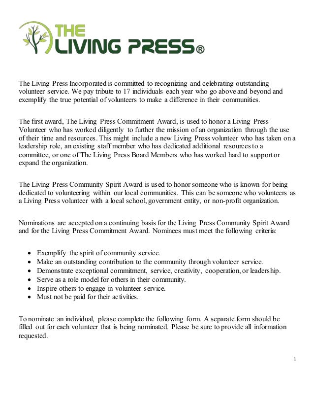 the living press volunteer star award nomination form volunteer award nomination letter samples
