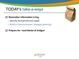 © 2015
TODAY’s take-a-ways
Remember information is key
๏ Identify formal/informal needs
๏ Build a Communication ‘strategic planning’
Prepare for ‘road blocks & bridges’
 