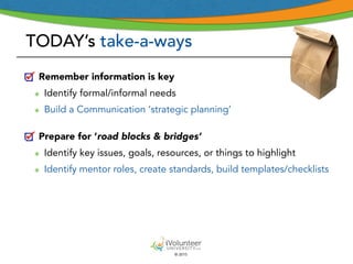 © 2015
TODAY’s take-a-ways
Remember information is key
๏ Identify formal/informal needs
๏ Build a Communication ‘strategic planning’
Prepare for ‘road blocks & bridges’
๏ Identify key issues, goals, resources, or things to highlight
๏ Identify mentor roles, create standards, build templates/checklists
 