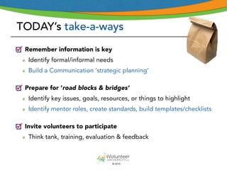 © 2015
TODAY’s take-a-ways
Remember information is key
๏ Identify formal/informal needs
๏ Build a Communication ‘strategic planning’
Prepare for ‘road blocks & bridges’
๏ Identify key issues, goals, resources, or things to highlight
๏ Identify mentor roles, create standards, build templates/checklists
Invite volunteers to participate
๏ Think tank, training, evaluation & feedback
 