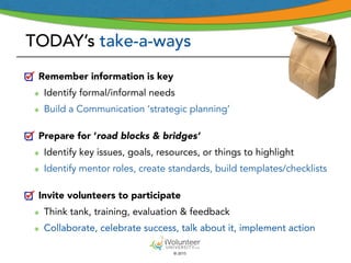 © 2015
TODAY’s take-a-ways
Remember information is key
๏ Identify formal/informal needs
๏ Build a Communication ‘strategic planning’
Prepare for ‘road blocks & bridges’
๏ Identify key issues, goals, resources, or things to highlight
๏ Identify mentor roles, create standards, build templates/checklists
Invite volunteers to participate
๏ Think tank, training, evaluation & feedback
๏ Collaborate, celebrate success, talk about it, implement action
 
