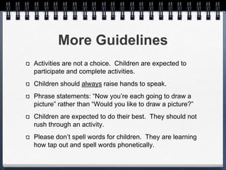 More Guidelines 
Activities are not a choice. Children are expected to 
participate and complete activities. 
Children should always raise hands to speak. 
Phrase statements: “Now you’re each going to draw a 
picture” rather than “Would you like to draw a picture?” 
Children are expected to do their best. They should not 
rush through an activity. 
Please don’t spell words for children. They are learning 
how tap out and spell words phonetically. 
 