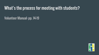 What’s the process for meeting with students?
Volunteer Manual: pp. 14-19
 