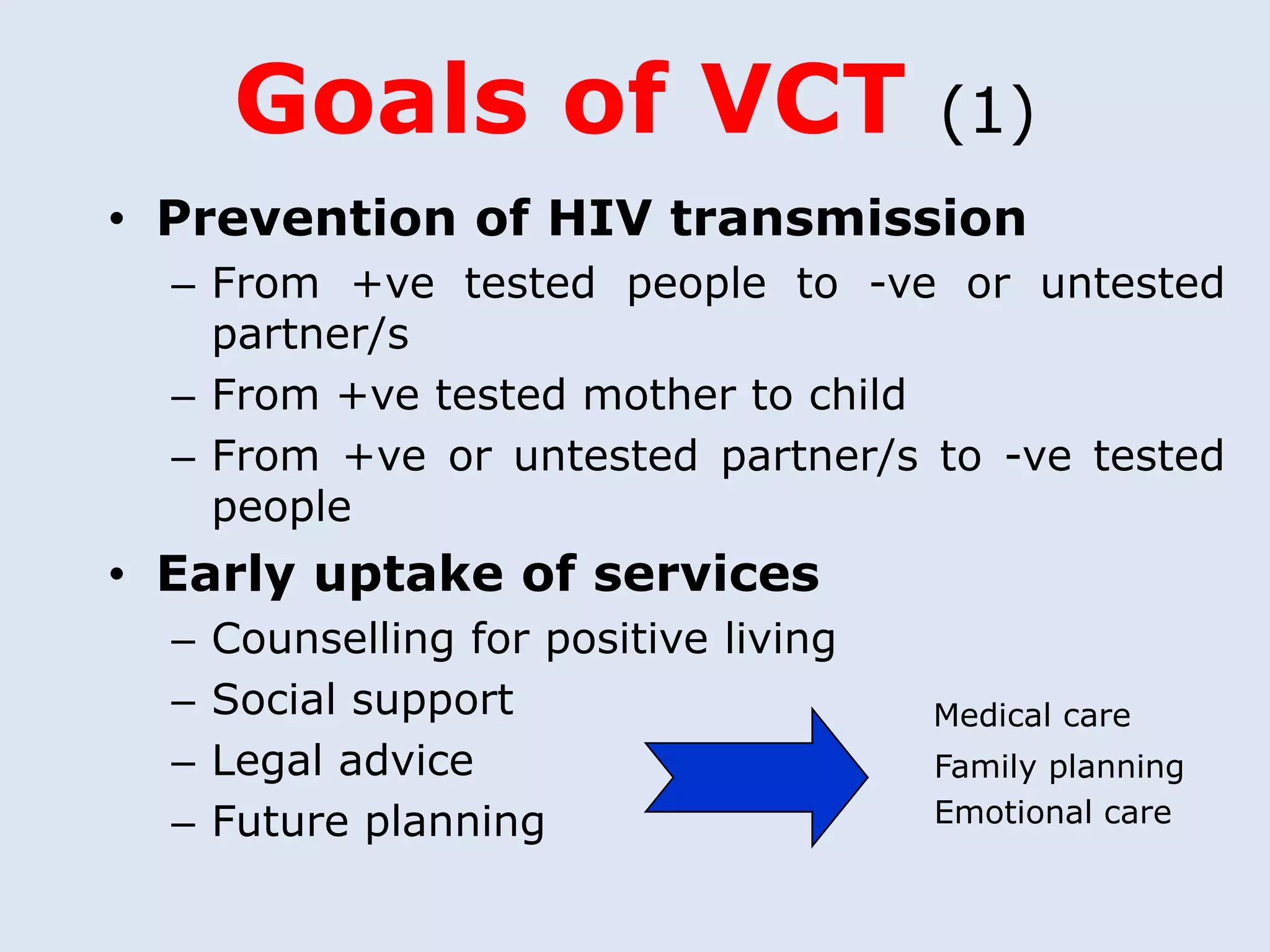 Goals of VCT                     (1)
• Prevention of HIV transmission
  – From +ve tested people to -ve or untested
    partner/s
  – From +ve tested mother to child
  – From +ve or untested partner/s to -ve tested
    people
• Early uptake of services
  –   Counselling for positive living
  –   Social support                    Medical care
  –   Legal advice                      Family planning
  –   Future planning                   Emotional care
 