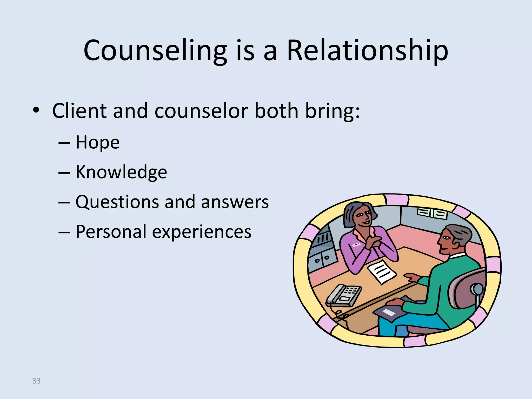 Counseling is a Relationship
• Client and counselor both bring:
     – Hope
     – Knowledge
     – Questions and answers
     – Personal experiences




33
 