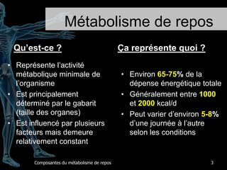 Métabolisme de reposQu’est-ce ?Représente l’activité métabolique minimale de l’organismeEst principalement déterminé par le gabarit (taille des organes)Est influencé par plusieurs facteurs mais demeure relativement constantÇa représente quoi ?Environ 65-75% de la dépense énergétique totaleGénéralement entre 1000 et 2000 kcal/dPeut varier d’environ 5-8% d’une journée à l’autre selon les conditionsComposantes du métabolisme de repos3