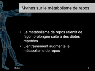 Mythes sur le métabolisme de reposLe métabolisme de repos ralentit de façon prolongée suite à des diètes répétéesL’entraînement augmente le métabolisme de repos5Mythes
