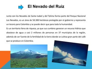 El Nevado del Ruiz Junto con los Nevados de Santa Isabel y del Tolima forma parte del Parque Nacional Los Nevados, es un área de 58.300 hectáreas protegida por el gobierno y representa un tesoro para Colombia y se puede decir que para toda la humanidad. Es un territorio lleno de riqueza, ya que sus cumbres generan un recurso hídrico que abastece de agua a casi 2 millones de personas en 37 municipios de la región, además de ser fuente de la fertilidad de la tierra donde se cultiva gran parte del café que se produce en Colombia. 