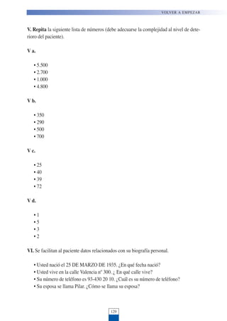 V. Repita la siguiente lista de números (debe adecuarse la complejidad al nivel de dete-
rioro del paciente).
V a.
• 5.500
• 2.700
• 1.000
• 4.800
V b.
• 350
• 290
• 500
• 700
V c.
• 25
• 40
• 39
• 72
V d.
• 1
• 5
• 3
• 2
VI. Se facilitan al paciente datos relacionados con su biografía personal.
• Usted nació el 25 DE MARZO DE 1935. ¿En qué fecha nació?
• Usted vive en la calle Valencia nº 300. ¿ En qué calle vive?
• Su número de teléfono es 93-430 20 10. ¿Cuál es su número de teléfono?
• Su esposa se llama Pilar. ¿Cómo se llama su esposa?
129
VOLVER A EMPEZAR
 